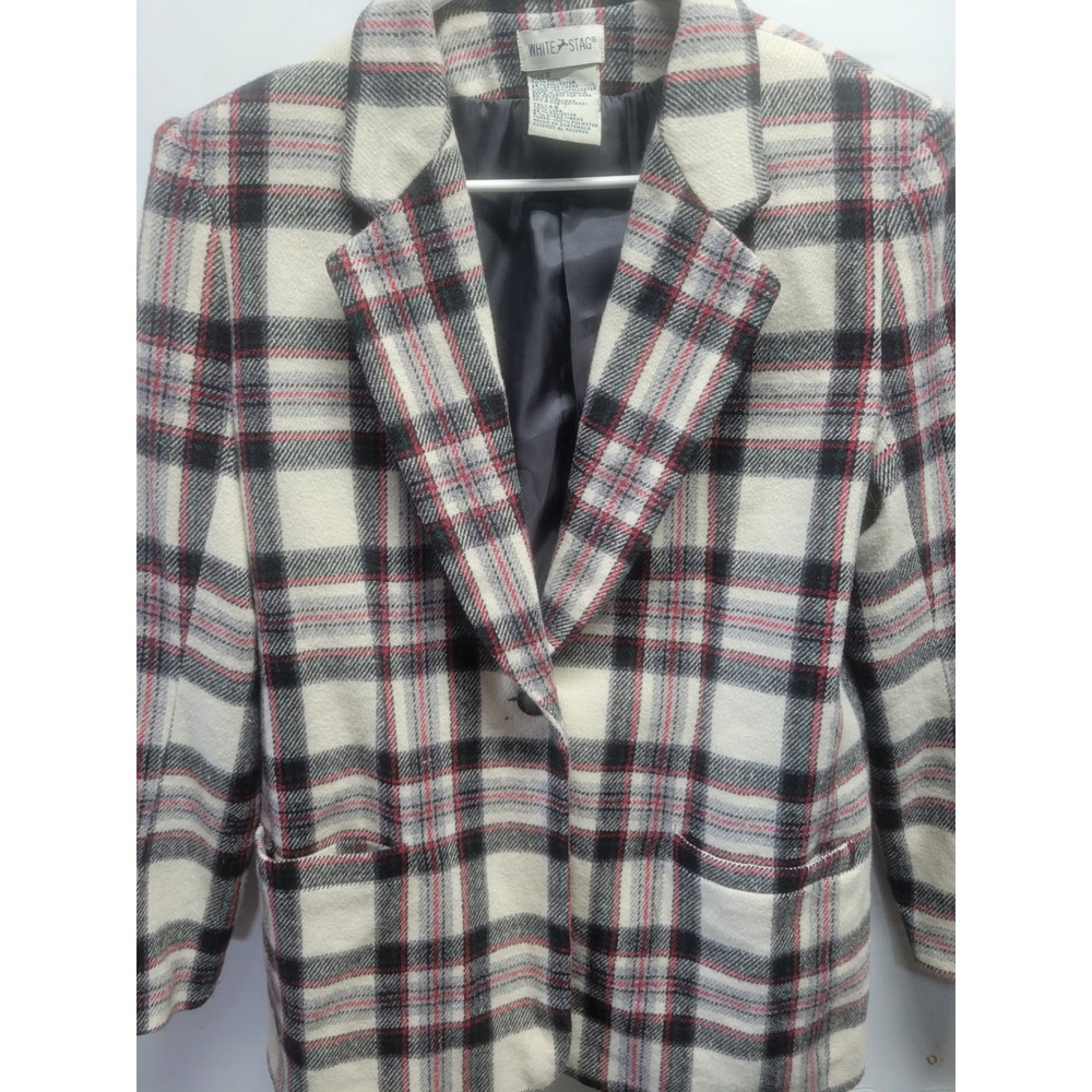 White Stag Womens Wool Blend Plaid Blazer Jacket Ivory Black Red W5511652 Size 6 - Picture 6 of 8
